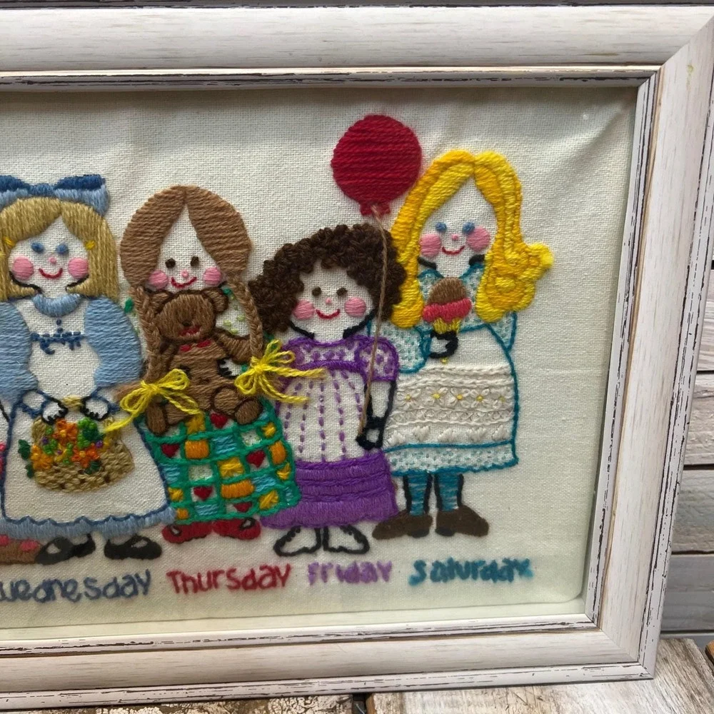 Vintage Days Of Week Embroidery Shadowbox Wall Art Needlepoint Cottagecore Decor